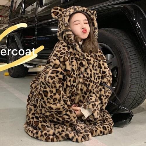 2020 Winter leopard Warm Thick Faux Fur Teddy Hoodies Jackets Winter Warm Kawaii Coat Female