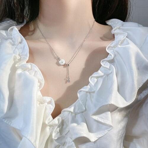 ModaOne Flower Daisy Shell Cubic Zirconia Handmade Clavicle Chain Silver Color Necklace For Women Long Tassel Dainty Jewelry