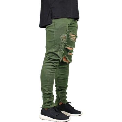 Men Zipper Destroyed Jeans Stretch Fashion Army Green Ripped Men Skinny Jeans Y2631