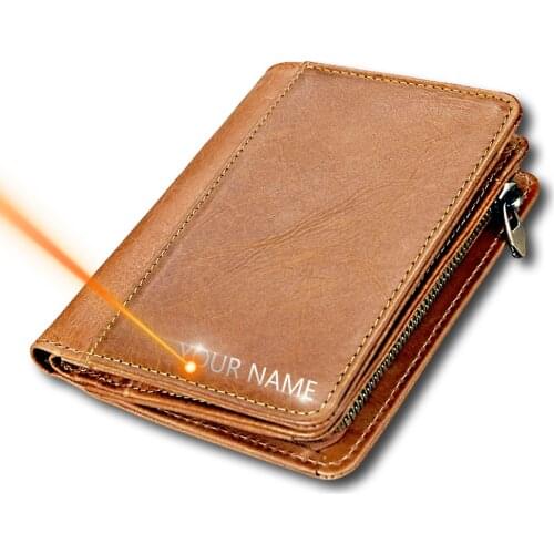 Men Name Engraving Short Wallets Casual Fashion Genuine Leather Male Zipper Purses Coin ID Card Holder Pocket Wallets For Men
