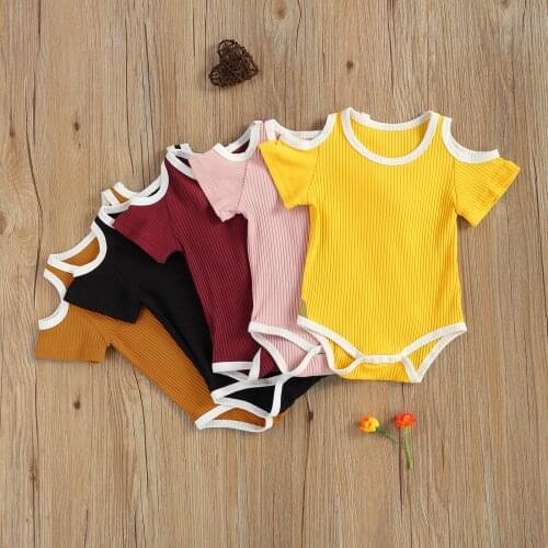 0-18M Newborn Baby Boys Girls Summer Solid-Color Round-Neck Cotton Short Sleeve Off Shoulder Rompers Jumpsuit Clothes
