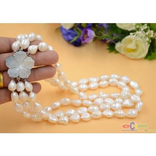 Natural pearl jewelry lustre 3row 13mm WHITE BAROQUE freshwater cultured pearl necklace Bridal hookCZ Luxury Ms. girl