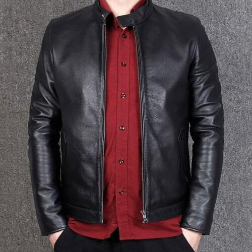 Casual Men Slim Stand Collar Genuine 100% Sheepskin Real Leather Large Size 5XL Motorcycle Jacket Biker Coat Male