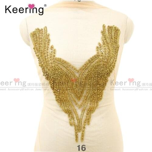 Hand-made gold rhinestone bodice applique for dress patch. WDP-113