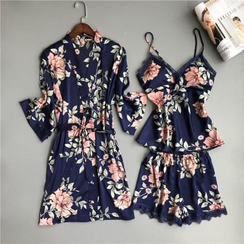 Sexy Women 3PCS Pajama Set Print Lace Pijamas Kimono Bathrobe+Sleep Tops+Shorts Stain Casual Nightwear Sleepwear Mujer Plus Size