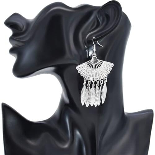 New Bohemian Ethnic Style Silver Leaf Tassel Earrings Fan-Shaped Leaf Shape Geometric Earrings Fashion Jewelry Accessories