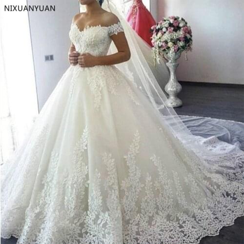 Wholesale 2021 White Ivory Off The Shoulder Vestido De Noiva Wedding Dress Train Custom-made Plus Size Bridal Tulle Mariage