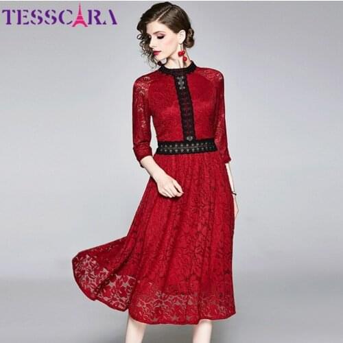 TESSCARA Women Spring Elegant Lace Dress Festa Female Office Cocktail Party Robe High Quality Lace Designer Vintage Red Vestidos