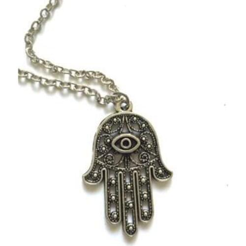 Vintage Silver Hamsa Hand Necklace Crossbow Hat Feather Goddess Skeleton Pendant WINGS Gun Handcuffs Bullet Necklace Women Jewel