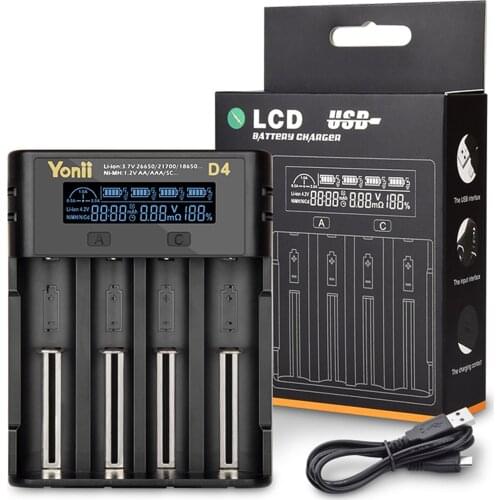 YONII D4 LCD 18650 Battery Charger 4 Slot for 18650 21700 26650 Lithium AA AAA Nimh Battery