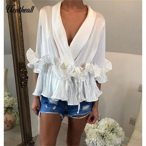 2020 Summer New Fashion Butterfly Sleeve Deep V Ruffles Blouse Women Casual Bow Tie WaistT Ruffles Blouses For Women