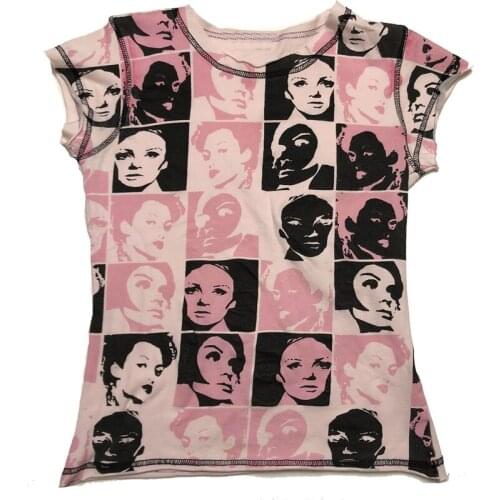 Women Y2K Aesthetic Portrait Print Short Sleeve T-Shirt E-girl Vintage Crop Top Summer Casual Harajuku Tee Top Gothic Streetwear