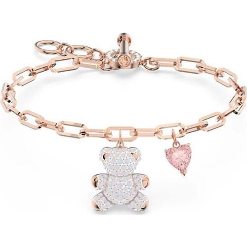 1:1 Sweet temperament pink love crystal full diamond bear shape rose gold bracelet exquisite and elegant ladies silver jewelry