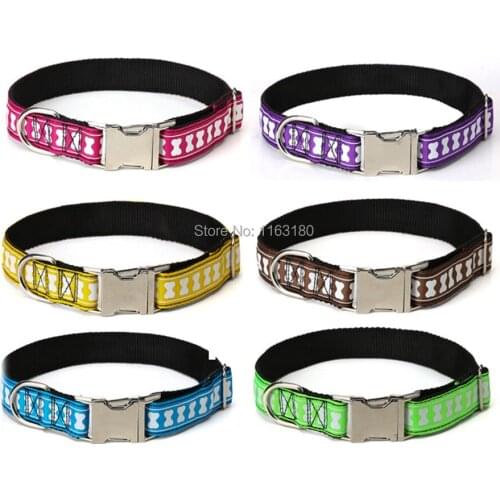 12 pcs/lot Fashion Nylon Print Personalized Engraved Name Dog Collar Leash Custom Puppy Pet Collars ID Tag Medium Large Big Dogs
