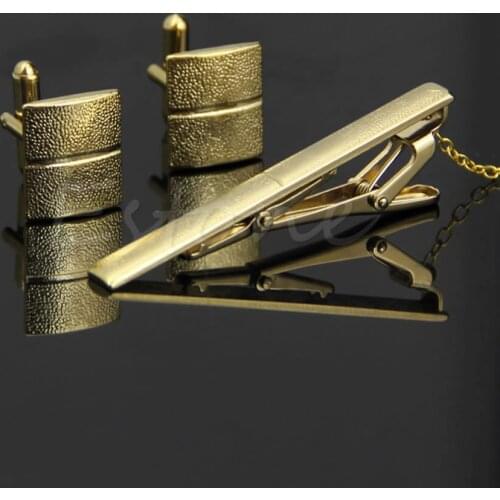 2021 New New Stylish Men Plating Metal Necktie Tie Bar Clasp Clip Cufflinks Set Gold Gift 2020 trend