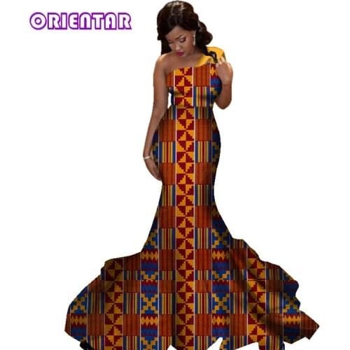 One Shoulder African Dresses for Women New African Printed Cotton Women Party Dresses Elegant African Long Wedding Dress WY2829
