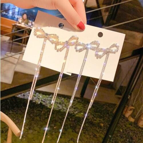 Long Rhinestones Tassel Bowknot Drop Earrings Silver Gold Color 2020 Fashion Hanging Women Earrings Summer Jewelry Girls GIfts