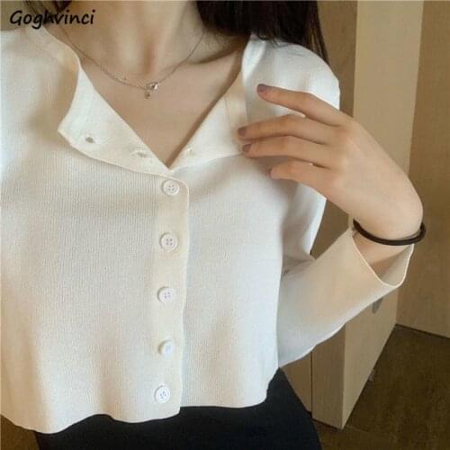 Cardigan Women All Match Simple Slim Autumn Female Casual Crops Full Sleeves Fashion Korean Style White Daily Vintage Preppy Ins
