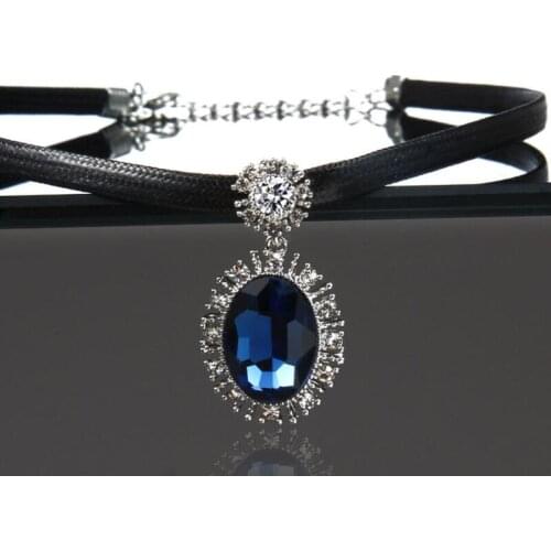 KOFSAC New Fashion Silver Necklaces For Women Black Wax Rope Torques Choker Blue Crystal CZ Water Drop Pendant Necklace Jewelry