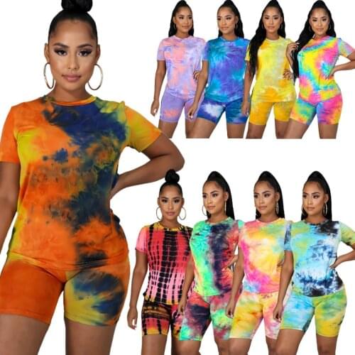 2021 Summer Clothing Sexy Women Plus Size 5XL Outfits Joggers Biker Sweat Tie Dye Crew Neck Two Piece Pants Short Set