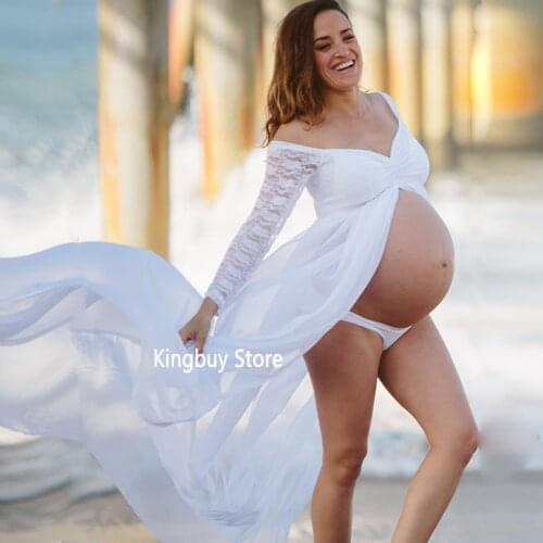 Lace Design Chiffon Photography Dresses Maternity Long Sleeve Sexy Lace V Neck Maxi Gown Dresses for Photo Shoot Pregnant Women