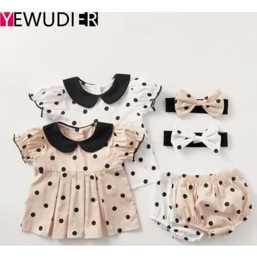 Baby Girl Summer Clothes Set Cute Dot Pleated Top+PP Pant With One Bowknot Headband Infant Jumpsuits Short Sleeves Outfit Summer