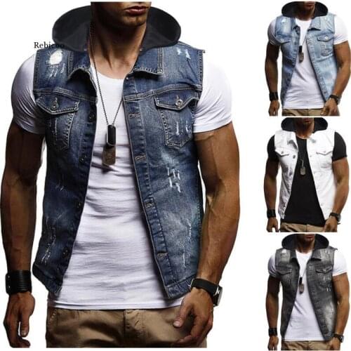 Fashion Hooded Outerwear Denim Vest Men Sleeveless Cotton Jacket Mens Coats Male Vest