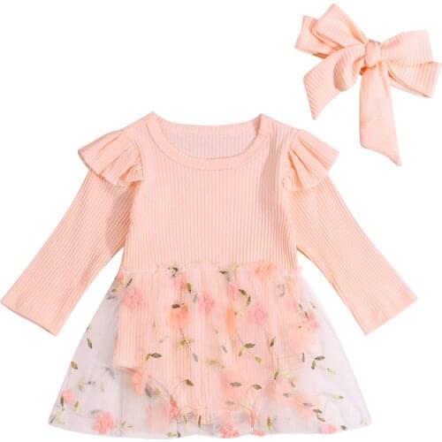 0-24M Infant Baby Girl 2Pcs Fashion Autumn Bodysuit Lace Patchwork Pink O-Neck Jumpsuit Headband Set