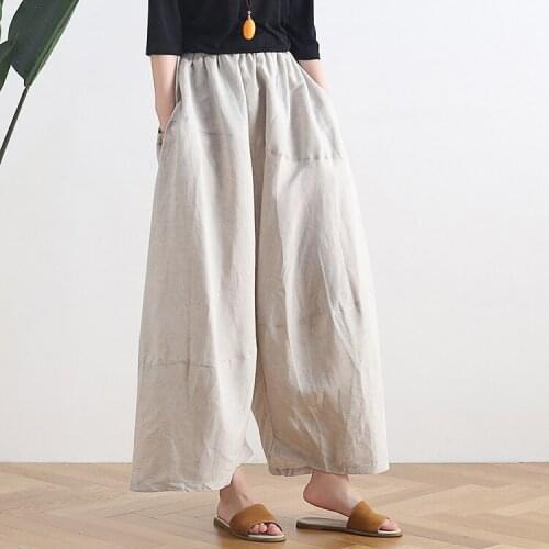 Fashion Summer Ramie Women Solid Cool Wide Leg Pants 2020 New Vintage High Waist Capri Pants Female Casual Plus Size Long Pants