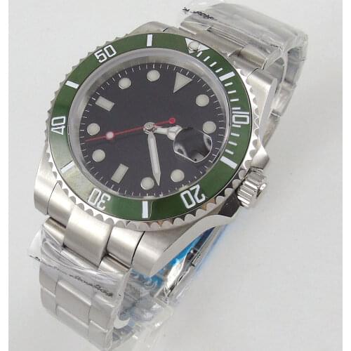 NH35 MIYOTA 40mm Black Sterile Dial Green Ceramic Rotating Bezel Stainless Band Miyota Automatic Movement Mens Watch