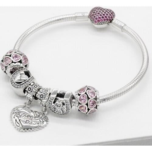 Real Pure 925 Silver Bracelet Love Heart Safety Charms Pink Beads Charms Clover Romantic Style Fit Original Bracelets
