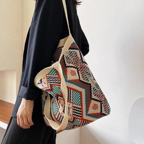 2021 New Lady Knitting Gypsy Bohemian Boho Chic Aztec Tote Bag Women Crochet Woolen Open Shopper Top-handle BagDaily Handbag