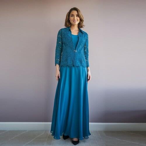 New Gorgeous Teal Blue Lace Two Pieces Mother of the Bride Dresses With Jacket Jewel Neck Wedding Guest Gowns Full Length