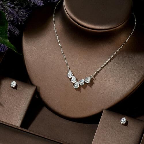 HIBRIDE Luxury Bridal Water Drop Jewelry Sparkling Cubic Zirconia Necklace and Earring Sets for Wedding Dress Accessories N-1417
