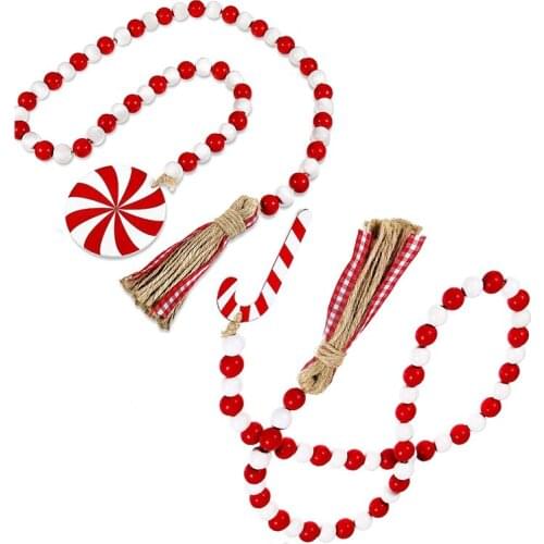 Christmas Wooden Bead Wreath with Tassels and Candy Canes Pendant for Christmas Farmhouse Wall Hanging Ornaments