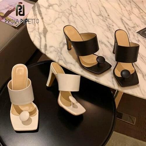 Square toe flip-flops White black leather high-heeled slippers summer new fashion all-match stiletto sandals and slippers women