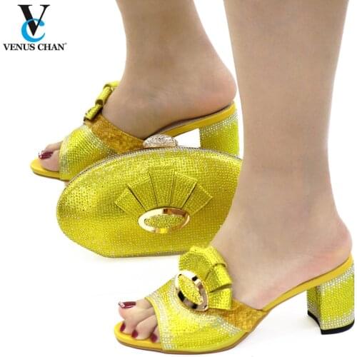 Slipper 2021 Design Fashion Crystal Nigerian New Style Yellow Color Women Shoes and Bag Set