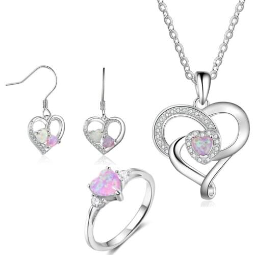 Jewelry Sets for Women 925 Sterling Silver Cute Pink Heart Opal Rings Earrings Chain Necklace Bridal Jewelry Sets Wedding Gifts