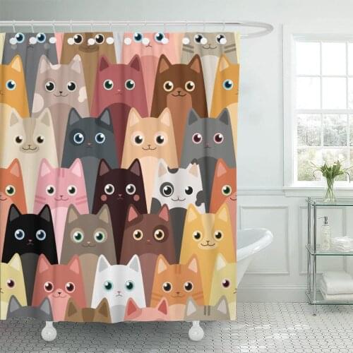 Pattern Cats Cartoon Face Meow Flat Smile Day Shower Curtain Waterproof Fabric 60 x 72 Inches Set with Hooks