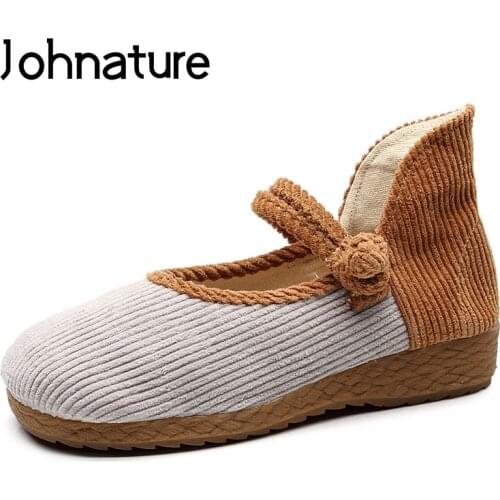 Johnature 2020 New Spring/summer Handmade Round Toe Corduroy Mixed Colors Buckle Strap Women Plataform Casual Shoes Cotton