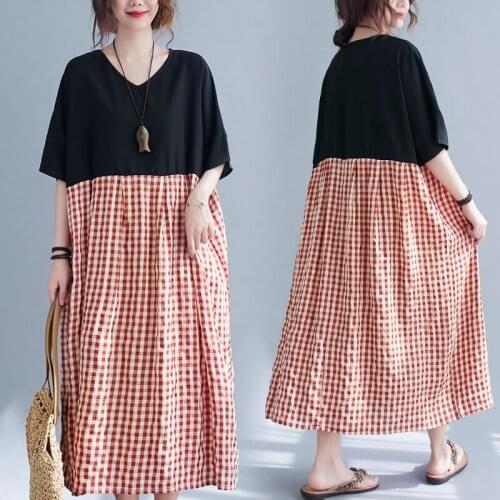 2021 New Arrival Fashion Plaid Summer Dress Soft Cotton Linen Patchwork Holiday Travel Casual Dress Women Loose Long Maxi Dress