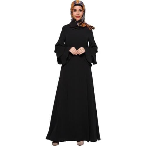 2021 Dubai Muslim Long Sleeved Dress Flared Sleeve Women Zipper Skirt Malaysia Black Robe Abaya Solid Color Islamic Robe Hijab L