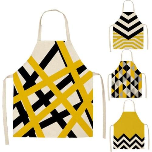 1 Pcs Yellow Geometric Kitchen Aprons for Women Cotton Linen Bibs Household Cleaning Pinafore Home Cooking Apron WQ157