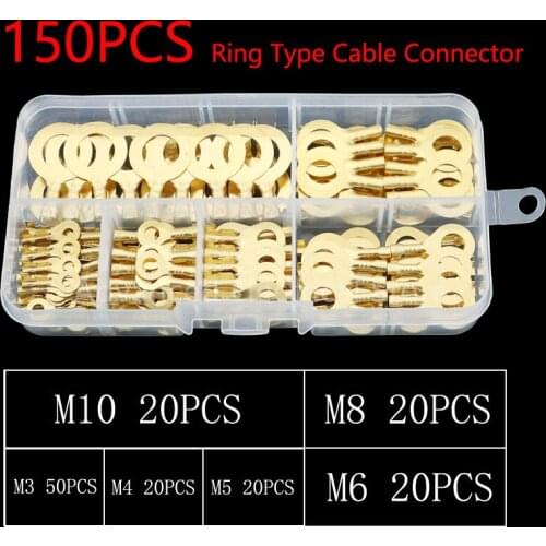150PCS M3/M4/M5/M6/M8/M10 Ring Lugs Ring Eye Copper Crimp Terminals Cable Lug Wire Connector Non-insulated Diy Assortment Kit