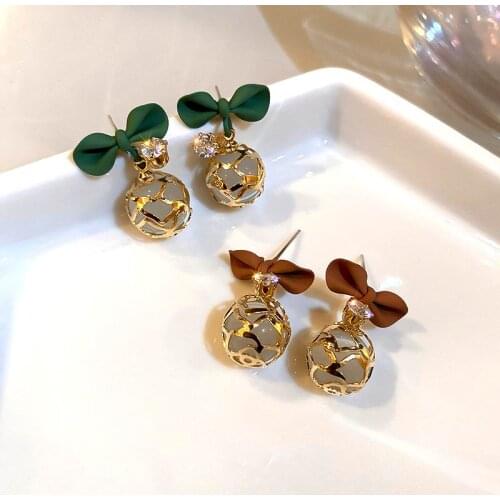 2021 New Korean Opal Stone Cute Bowknot Dangle Earrings For Women Fashion Jewelry Sweet Crystal Oorbellen Brincos