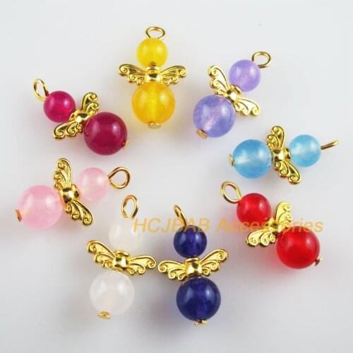 8 New Round Angel Charms Mixed Stone Gold Plated Wings Pendants 14x23mm