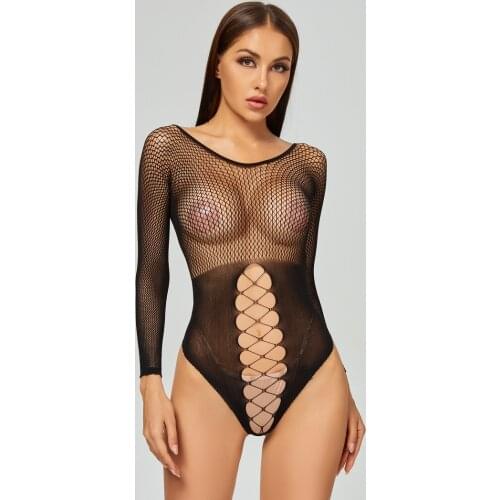 Teddy Bodycon One Piece Long Sleeve Rompers Women Black Sexy Clubwear Party Fishnet Bodysuits 2021 New See Through Hollow Out