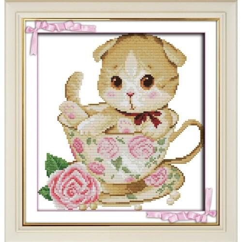 Teacup cat cross stitch kit animal 18ct 14ct 11ct count print stitching embroidery DIY handmade needlework plus