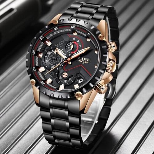 2019 New LIGE Mens Wrist Watches Luxury Brand Fashion Stainless Steel Business Quartz Watch Mens Casual Waterproof Chronograph