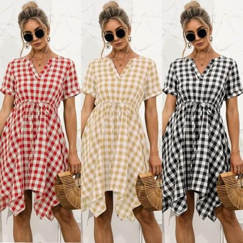 Summer Dress Women Plaid Print Dresses Drawstring Irregular V-Neck Short Sleeve High Waist Dress For Woman Vestidos Femme Robes